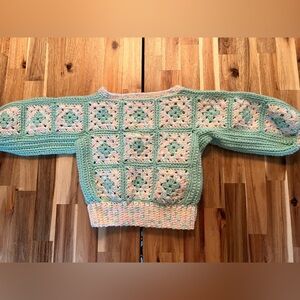 Granny Square Crochet Blue Girl’s Homemade Vintage Sweater